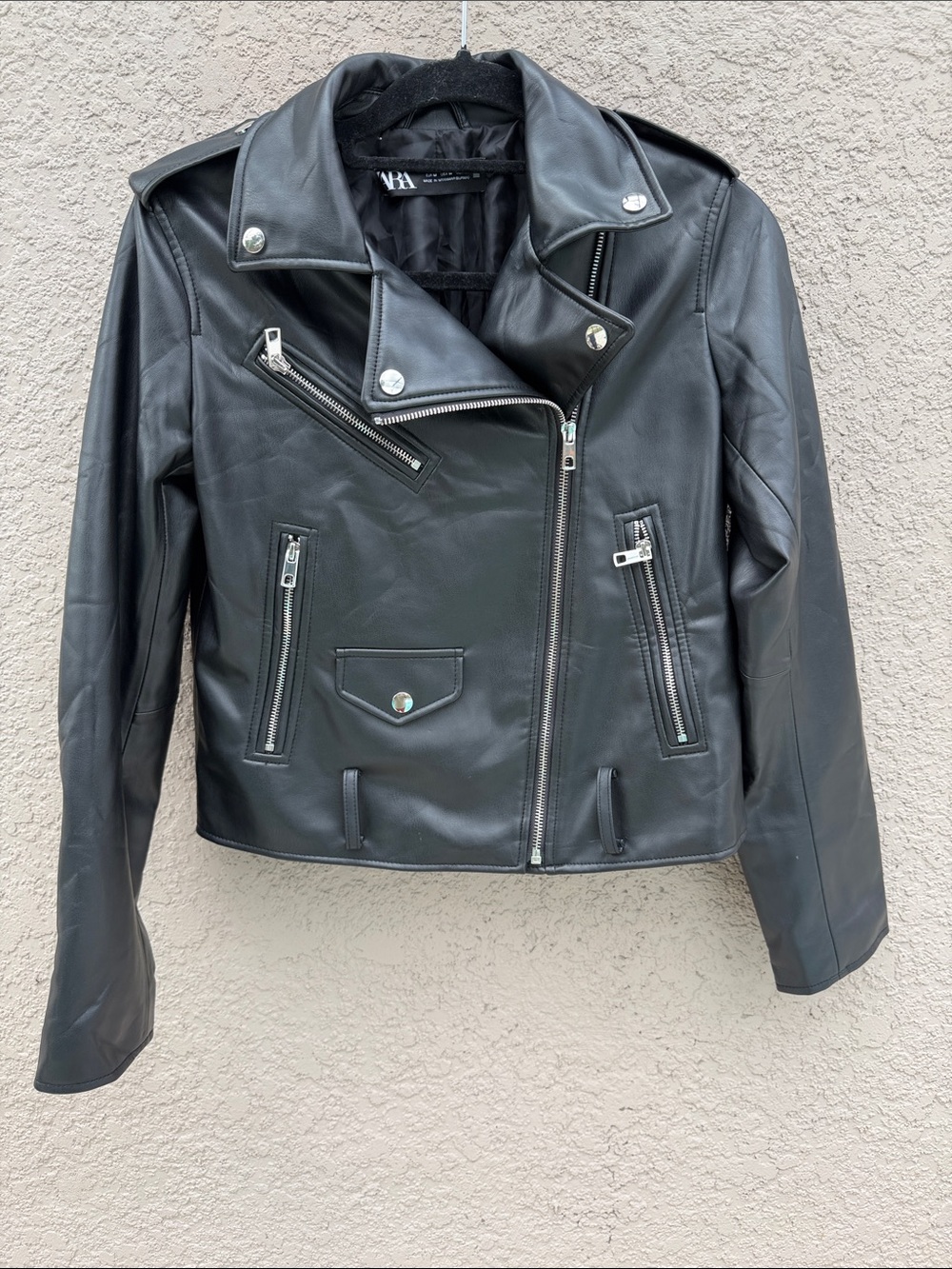 Zara Black Faux Leather Asymmetric Moto Jacket